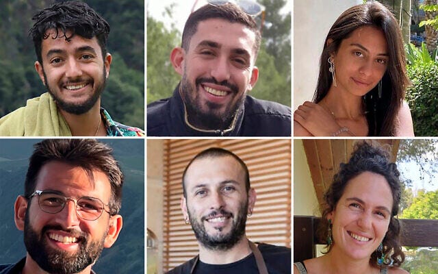 This combination of six undated photos shows hostages, from top left, Hersh Goldberg-Polin, Ori Danino, Eden Yerushalmi; from bottom left, Almog Sarusi, Alexander Lubnov, and Carmel Gat (The Hostages Families Forum via AP) This combination of six undated photos shows hostages, from top left, Hersh Goldberg-Polin, Ori Danino, Eden Yerushalmi; from bottom left, Almog Sarusi, Alexander Lubnov, and Carmel Gat (The Hostages Families Forum via AP)