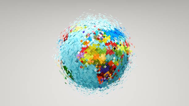 Fintech world map with Americas Multi colored rhombuses covering the Earth and expanding, view of Europe and Africa, 3d render. currency market place stock pictures, royalty-free photos & images