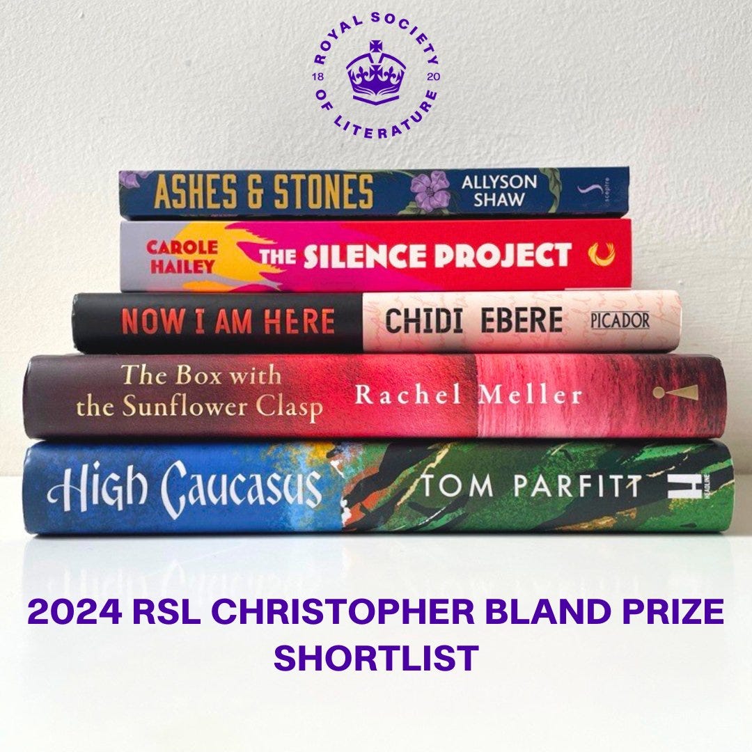 A stack of books with the Royal Society Logo--a crown and 1820--on top. The books are Ashes and Stones by Allyson Shaw, Carole Hailey's The Silence Project, Now I am Here by Chidi Ebere, The Box with the Sunflower Clasp by Rachel Meller and High Caucasus by Tom Parfitt
