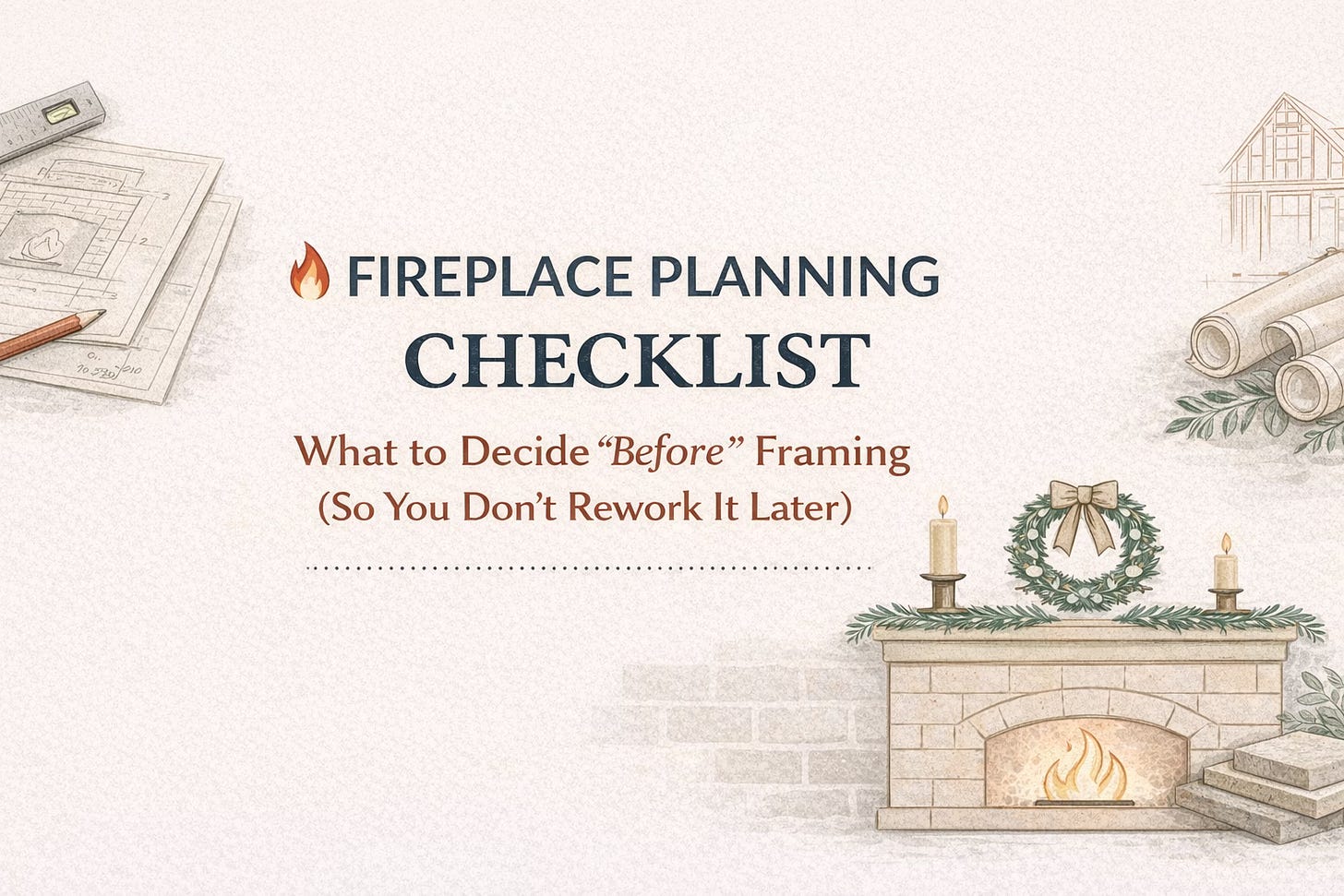 Wide banner graphic titled “Fireplace Planning Checklist: What to Decide Before Framing,” featuring a minimalist line illustration of a fireplace in a neutral color palette.