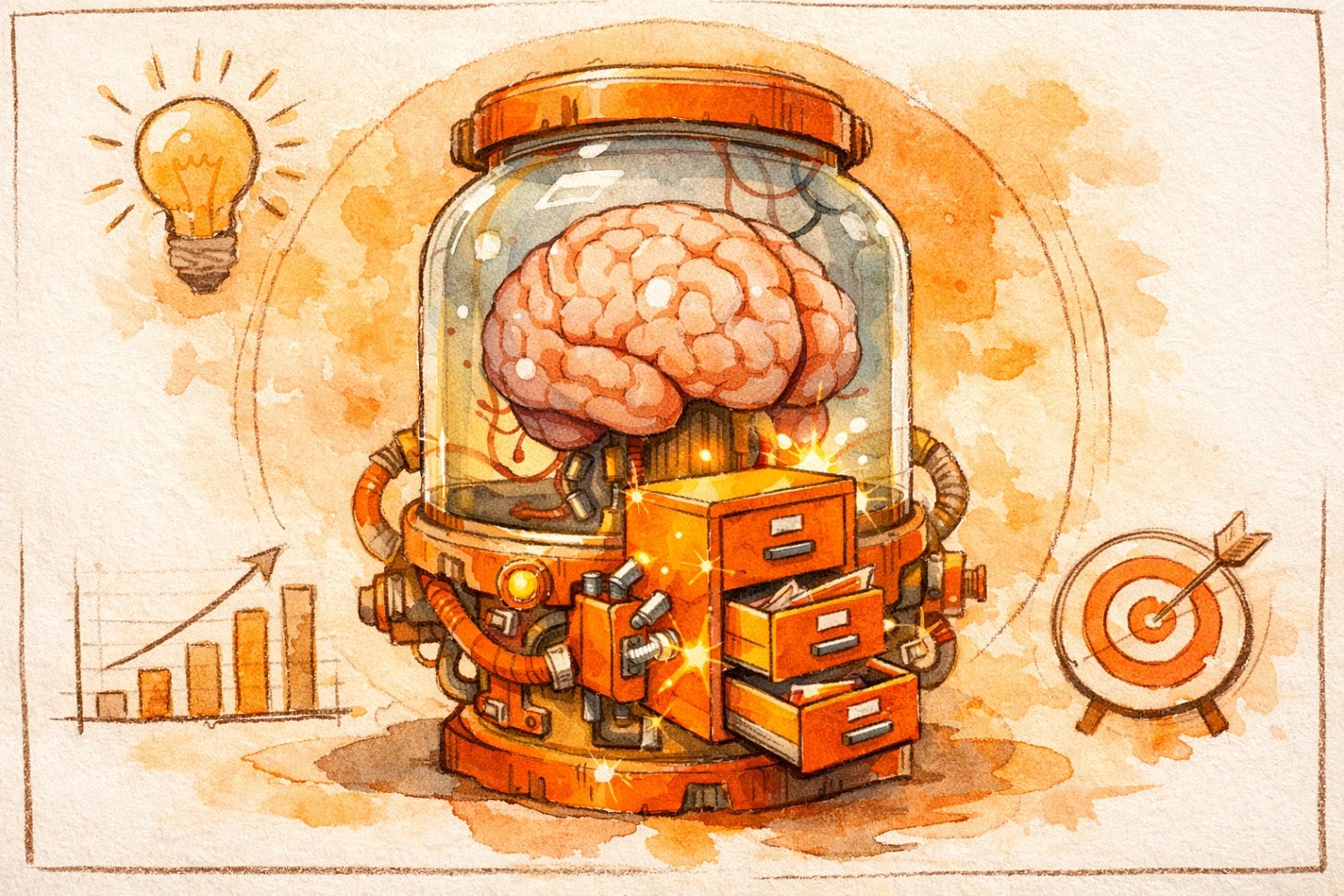 Watercolor AI brain in a jar with a persistent memory filing cabinet — how ChatGPT Library solves the AI amnesia problem in 2026