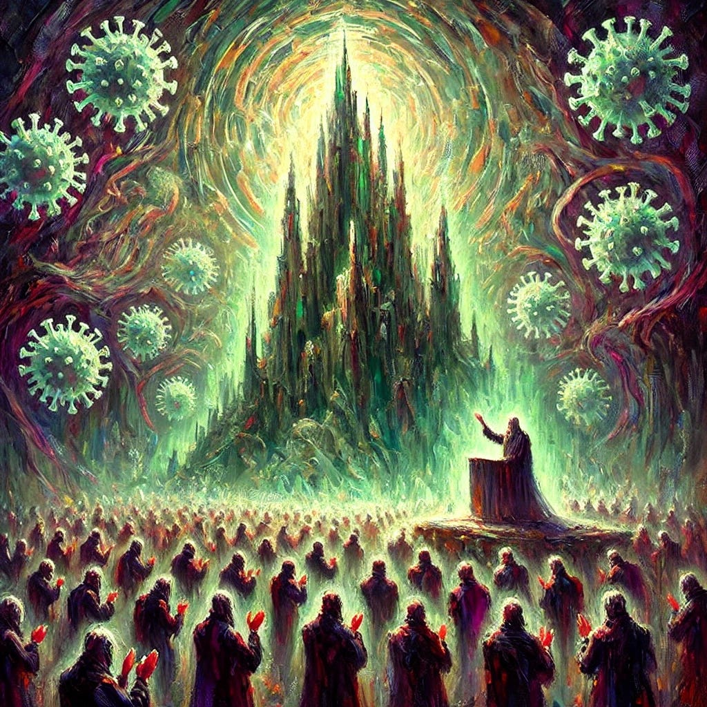 An abstract impressionist oil painting with thick, expressive brush strokes, capturing the essence of fear, deception, and blind faith in authority. The scene features a towering, cathedral-like structure glowing ominously, representing 'The Virus Cult'—a false temple of science built on fear rather than evidence. Surrounding it, faceless figures in dark robes kneel and raise their hands in worship, symbolizing unquestioning belief in the virology narrative. The air is thick with swirling, ghostly forms—suggestive of invisible 'pathogens'—which coil like smoke, adding to the illusion. In the background, shadowy puppet masters manipulate the scene from above, their strings controlling both the worshippers and the false idols of medical authority. The color palette is dominated by eerie greens, deep purples, and blood reds, emphasizing the unsettling and dystopian atmosphere. The brush strokes are chaotic, reinforcing the theme of deception and instability.