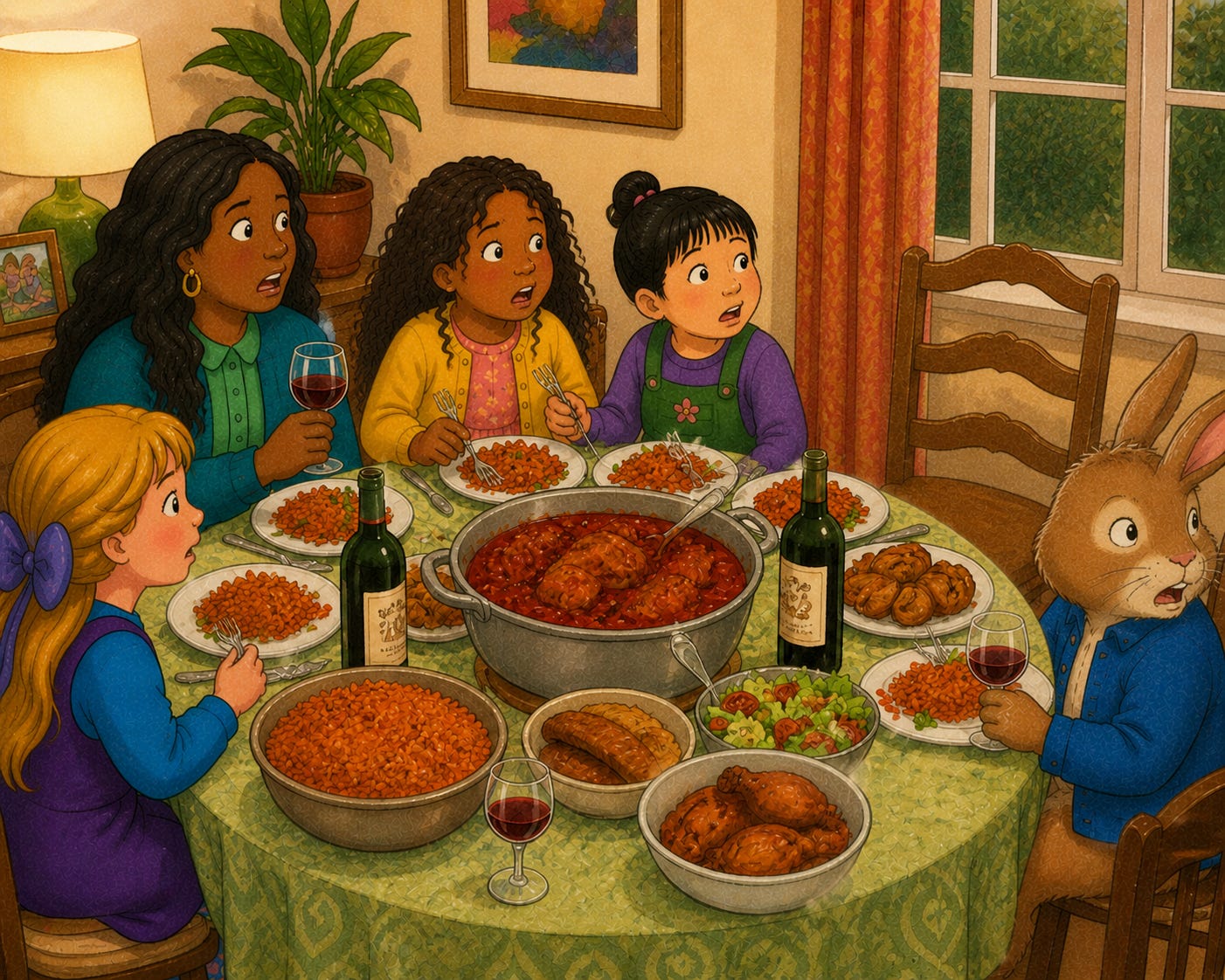 Surprised gathering at the dinner table