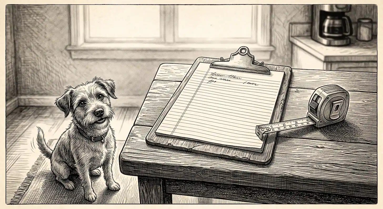 clipboard on kitchen table with family dog nearby