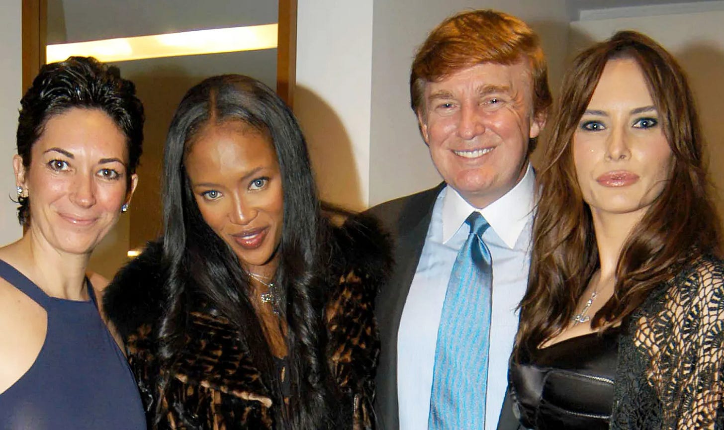 Ghislaine Maxwell, Naomi Campbell, Donald Trump and Melania Knauss attend Dolce & Gabbana Opening at Dolce & Gabbana on November 11, 2002 in New York City
