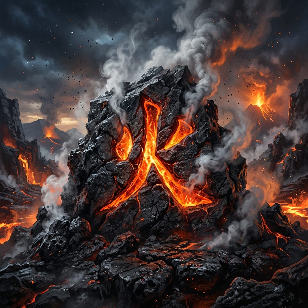 Volcanic rock with glowing lava forming a fiery symbol with smoke and eruptions in the background