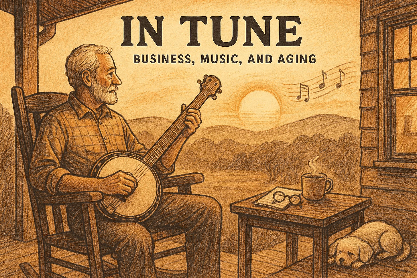 Title IN TUNE – Business, Music, Aging. A retired man sitting on the porch at sunset, playing banjo with his dog at his side.