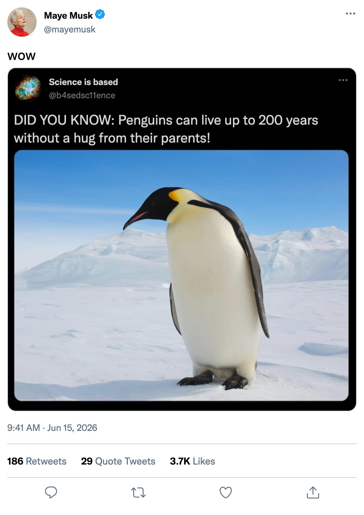Fake tweet from Maye Musk: "WOW" with a quote-tweeted post from "Science is based" (@b4sedsc11ence) reading "DID YOU KNOW: Penguins can live up to 200 years without a hug from their parents!" alongside a photo of an emperor penguin standing on snow. Fake tweet from Maye Musk: "WOW" with a quote-tweeted post from "Science is based" (@b4sedsc11ence) reading "DID YOU KNOW: Penguins can live up to 200 years without a hug from their parents!" alongside a photo of an emperor penguin standing on snow.