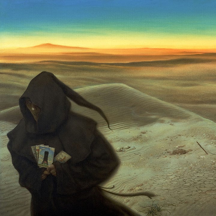 LEFT: Figure detail from THE MAN IN BLACK featuring a dark robed man clutching 3 tarot cards fanned and another off to the side resting against his opposite sleeve. The most prominent card fanned is the Tower Card. The hint of a rose can be seen in the card just behind it. The card off to the side is a man thrusting one arm to the sky. As he drowns in the ocean, a gull soars overhead. RIGHT: Background detail from THE MAN IN BLACK featuring barren desert ground. To the side of the path, amid dry cracked earth, is the KA symbol, a stylized combination of the letters K and A inside a circle. It could be scratched into the ground or made of sticks and brush.