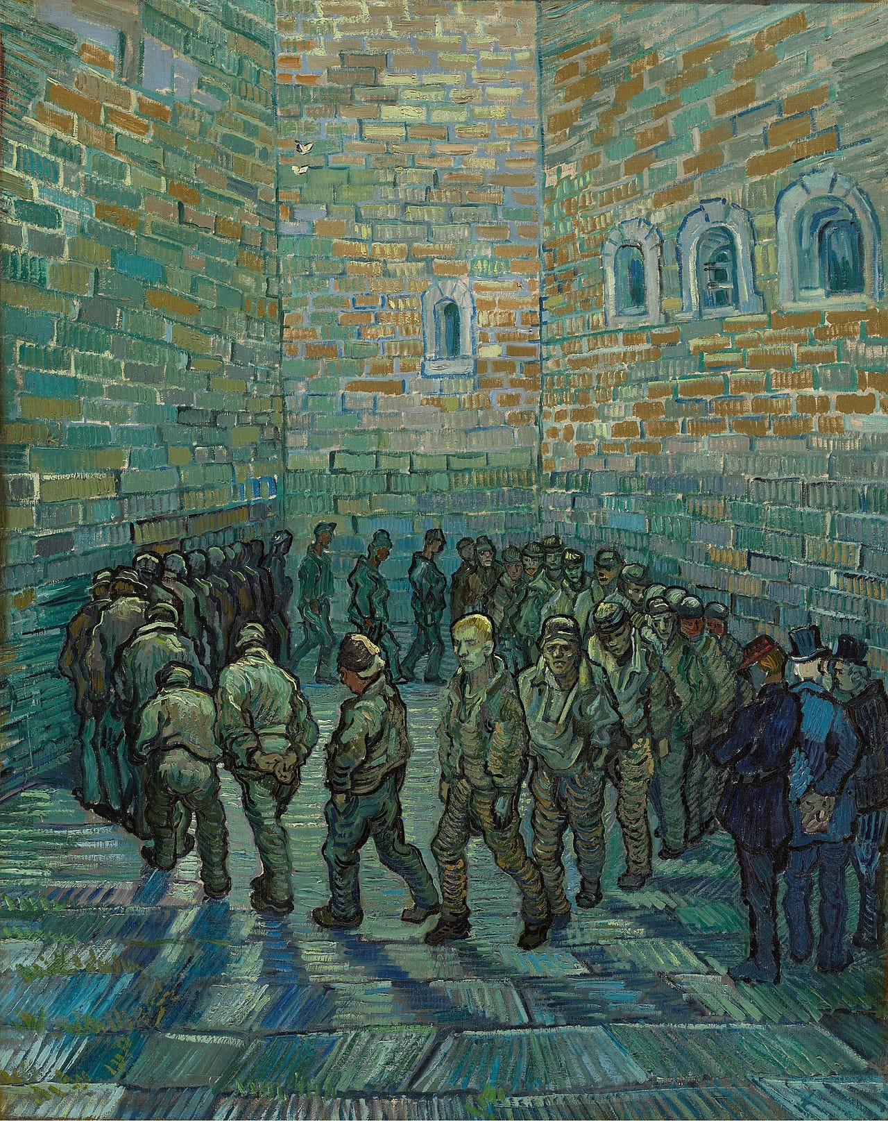 A ring of prisoners walks in a circle in a high walled yard closed in by brick walls A ring of prisoners walks in a circle in a high walled yard closed in by brick walls