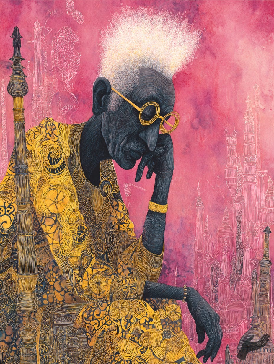 Stylized seated figure in a gold patterned garment and round glasses against a pink background, resting the head on one hand.
