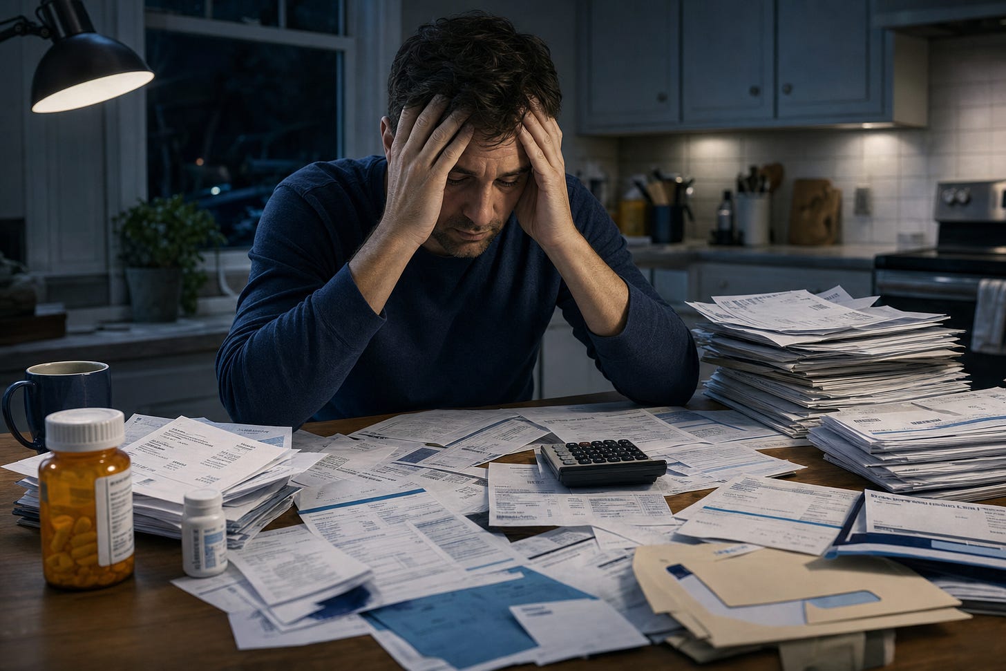 Overwhelmed American adult at kitchen table with medical bills late at night Overwhelmed American adult at kitchen table with medical bills late at night