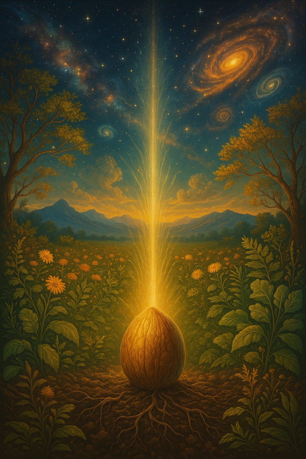 A cosmic, high-definition painting showing a radiant seed at the center of the universe. The seed glows with intricate patterns, its dense shell filled with compressed energy. From its core, luminous threads rise upward like sprouts reaching into the cosmos, weaving into flowing currents of light and galaxies above. Below, darker sediment layers evoke fertile soil, symbolising the Recognition Field Matrix (RFM). The scene blends cosmic vastness with natural detail — roots, spirals, and fractal textures — portraying consciousness as a seed germinating toward the Weave of Reality (WoR) and the luminous loom of potential (CFS).