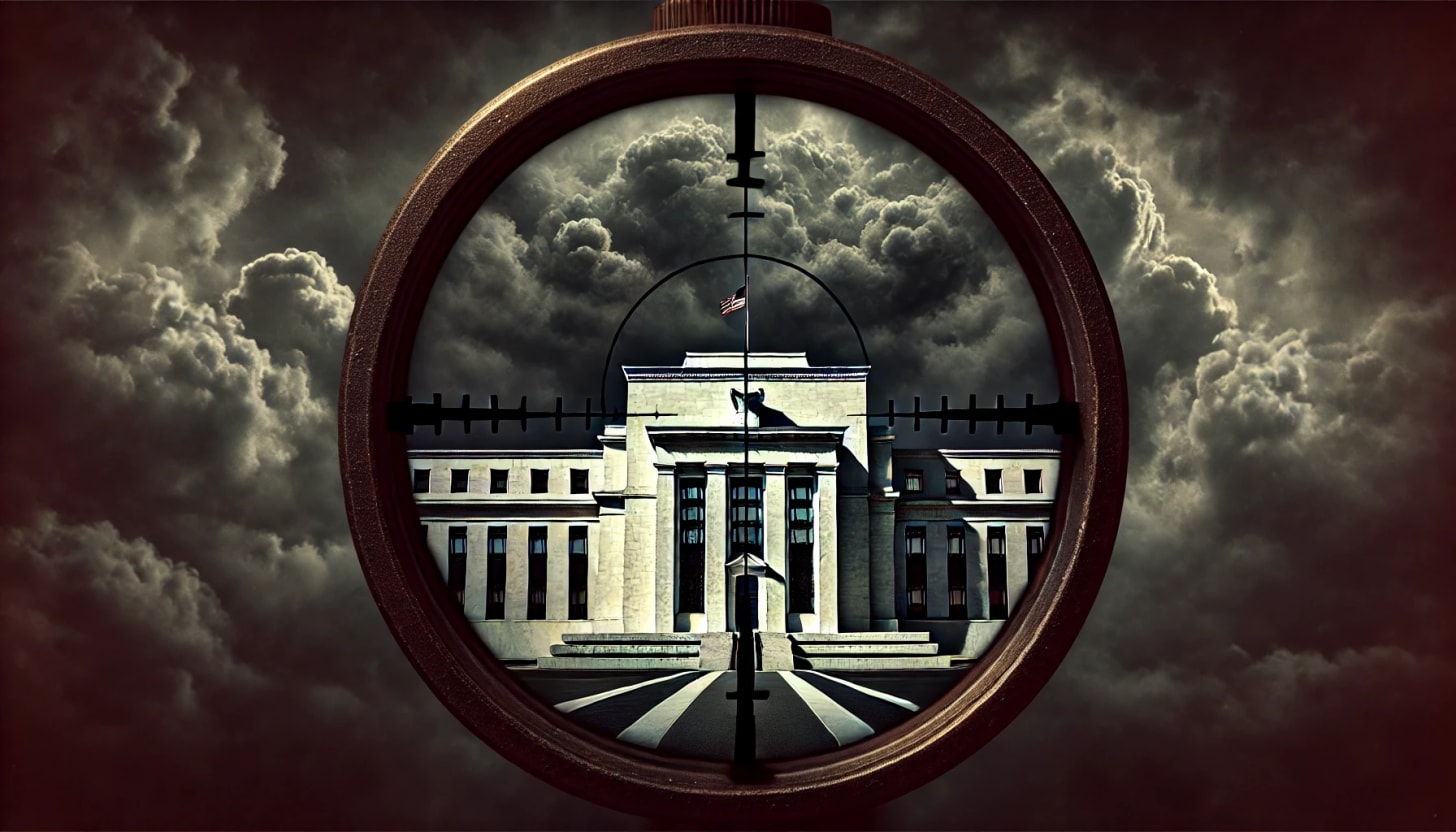 A foreboding image of the Federal Reserve building viewed through the crosshairs of a scope. The building is surrounded by dark, ominous clouds with a dramatic, stormy sky overhead. The scene is dimly lit, casting eerie shadows on the building. The perspective should give a sense of tension and impending doom, with the crosshairs centered on the building's facade.