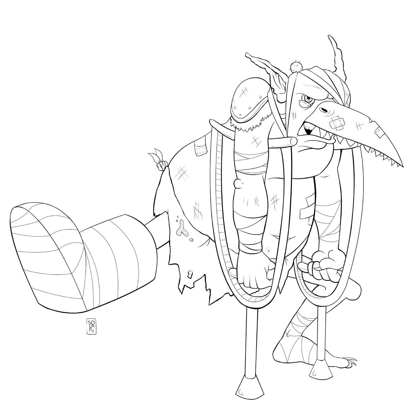The illustration of a hurt Goblin using two crutches to walk.
