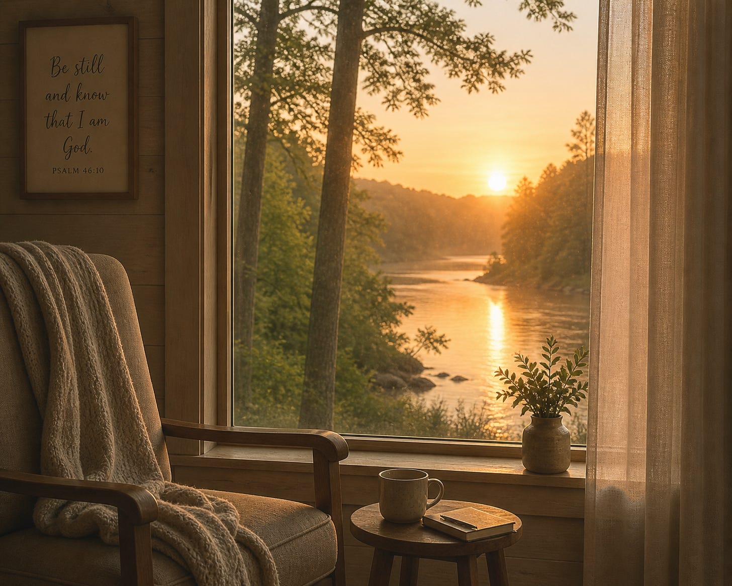 Warm, softly lit interior with a wooden chair and blanket beside a small table holding a mug and book, looking out through a window at a peaceful river and trees glowing in early morning golden light.