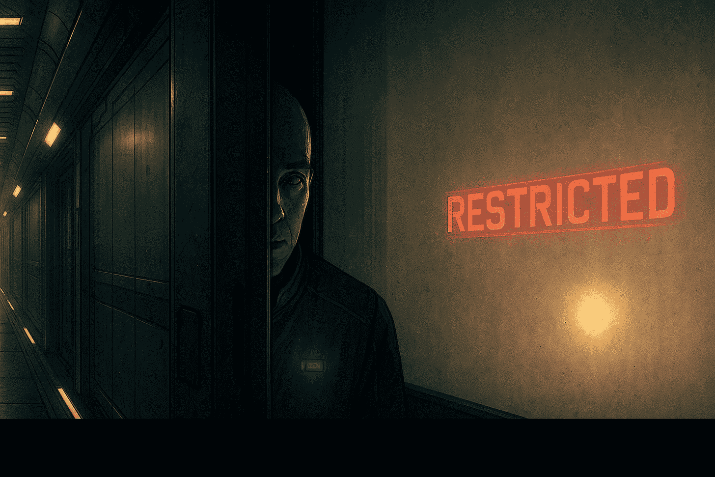 A dim corridor lined with metal panels; a sliding door is cracked just wide enough to reveal a cautious face peering in. On the opposite wall, a red hologram reads “RESTRICTED,” its glow reflecting across the dusty surface.