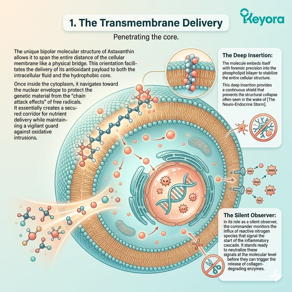 Bipolar Astaxanthin spans the phospholipid bilayer to arrest the Neuro-Endocrine Storm and secure Dermal Sovereignty through Deep Insertion. Bipolar Astaxanthin spans the phospholipid bilayer to arrest the Neuro-Endocrine Storm and secure Dermal Sovereignty through Deep Insertion.