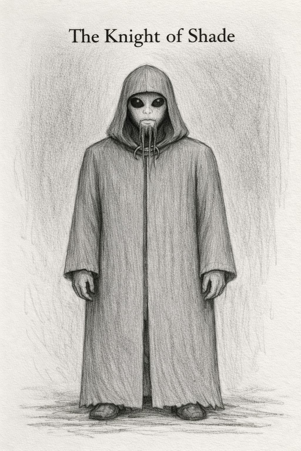 Black-and-white pencil-style illustration titled “The Knight of Shade,” depicting a small humanoid figure standing upright, wearing a long, simple robe and a soft helmet. The figure’s expression is calm and steady, with deep shadows across the face, set against a plain, light background. This AI-generated sketch is based on Merdhin Wylde’s original sketch and notes and conveys a composed, watchful presence and clear authority.