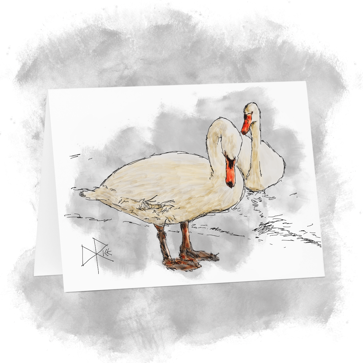 Two swans at the water’s edge. One stands on the shore as the other floats on the shallow water. Sketch art by Don Rice. Two swans at the water’s edge. One stands on the shore as the other floats on the shallow water. Sketch art by Don Rice.