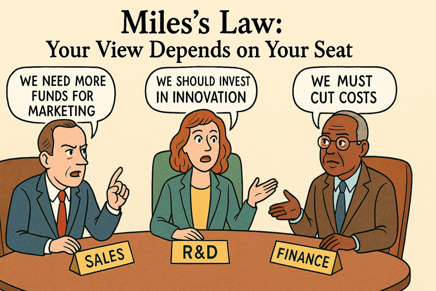 A cartoon-style illustration titled "Miles's Law: Your View Depends on Your Seat." Three executives sit around a boardroom table with nameplates reading Sales, R&D, and Finance. The Sales executive says, "We need more funds for marketing." The R&D executive says, "We should invest in innovation." The Finance executive says, "We must cut costs." The illustration highlights how organisational roles shape perspectives and priorities during decision-making. A cartoon-style illustration titled "Miles's Law: Your View Depends on Your Seat." Three executives sit around a boardroom table with nameplates reading Sales, R&D, and Finance. The Sales executive says, "We need more funds for marketing." The R&D executive says, "We should invest in innovation." The Finance executive says, "We must cut costs." The illustration highlights how organisational roles shape perspectives and priorities during decision-making.