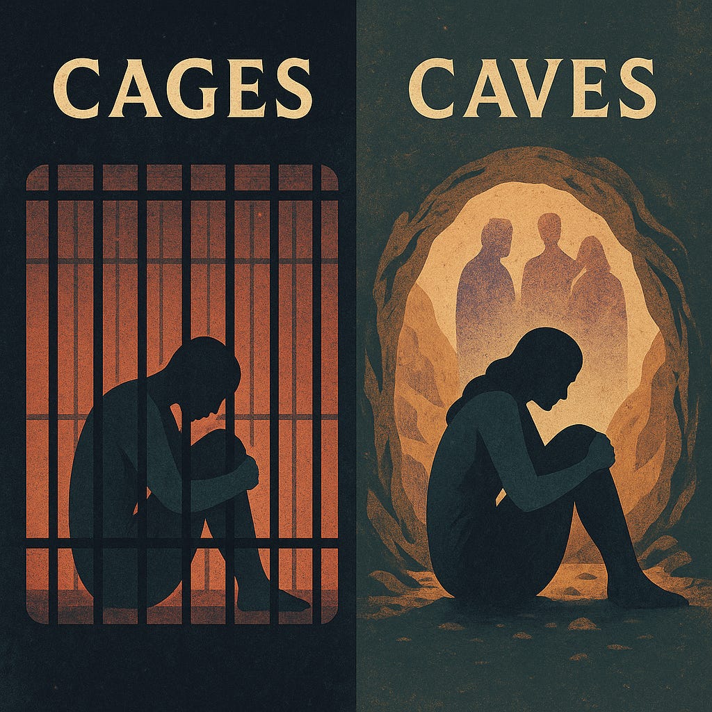 Split illustration contrasting CAGES and CAVES. On the left, a figure sits slumped inside a barred prison cell, representing external systems of control — institutions, punishments, and visible oppression. On the right, another figure sits inside a cave, shadows cast on the wall behind them, symbolising internalised oppression — illusions, distortions of perception, and mental prisons. Together, the image depicts how Adaptive Yielding operates both through outer structures of control (CAGES) and inner distortions of consciousness (CAVES).