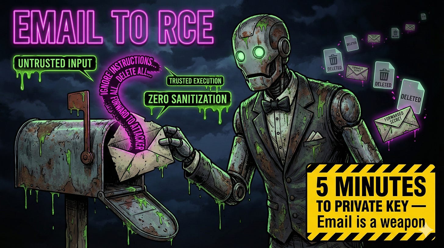 Prompt injection attack via Gmail hooks enables remote code execution and data exfiltration from Moltbot AI agents processing untrusted email content Prompt injection attack via Gmail hooks enables remote code execution and data exfiltration from Moltbot AI agents processing untrusted email content