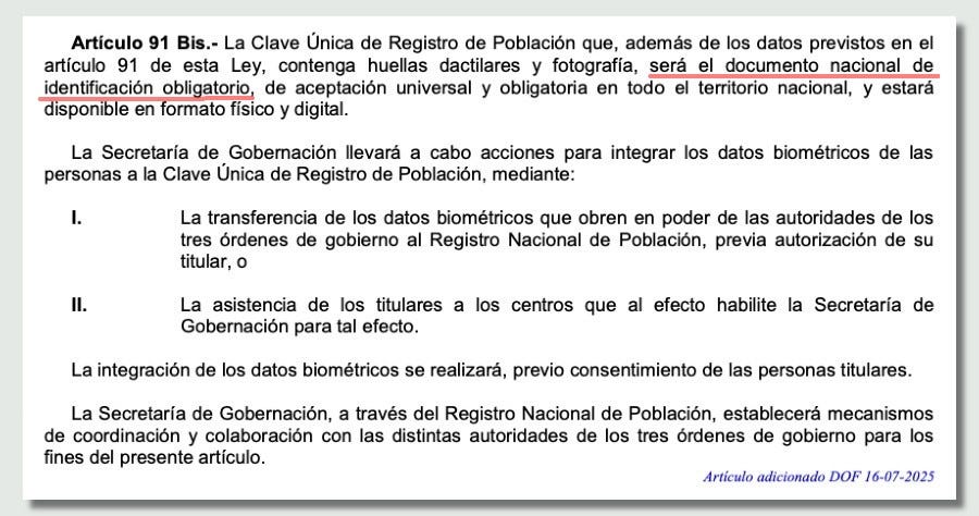 Artículo 91 Bis de la Ley General de Población, sobre la obligatoriedad de la CURP biométrica como documento nacional de identificación.