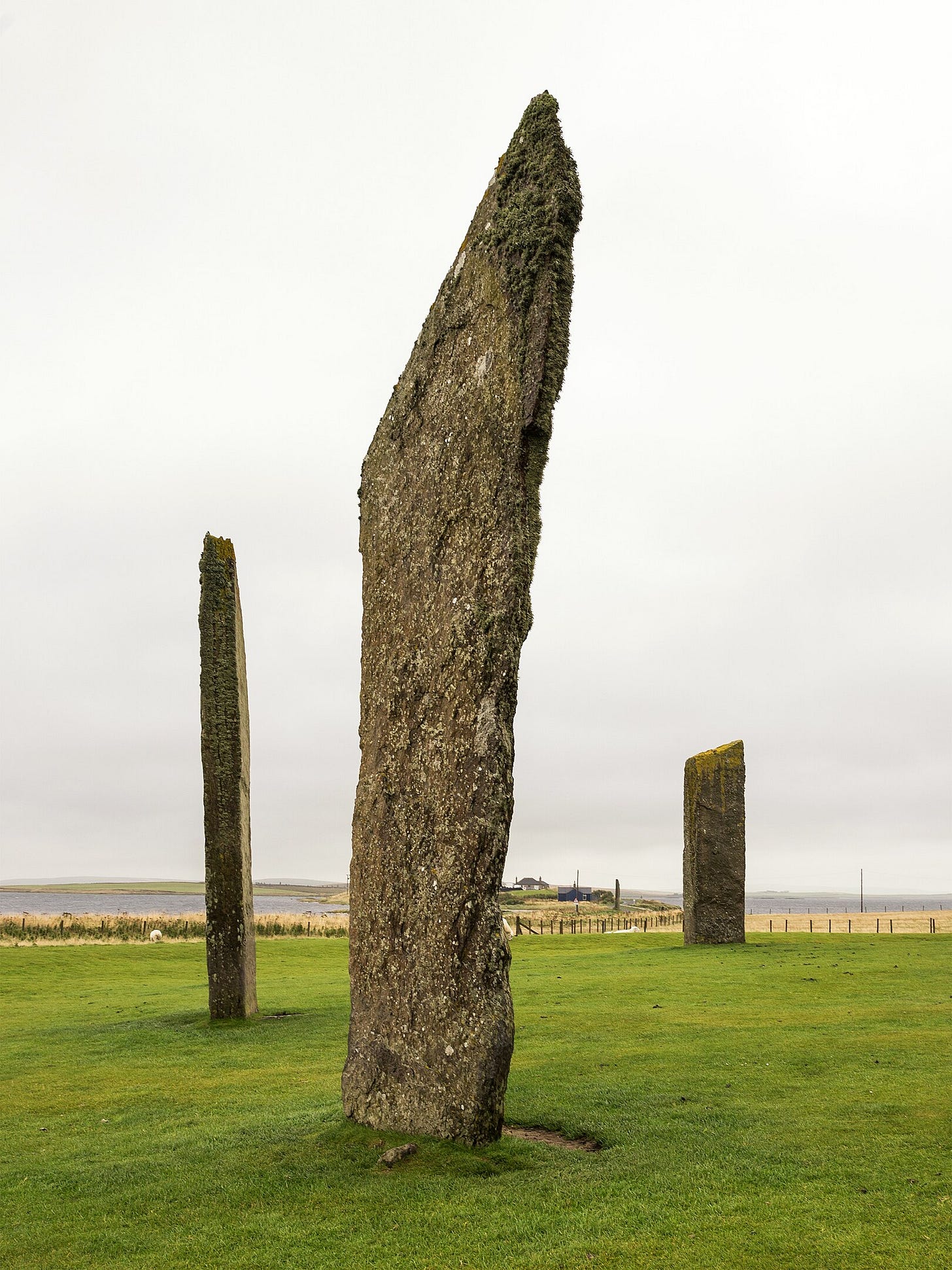 A tall, weathered standing stone covered in patches of moss rises from a green grassy field, flanked by two other upright stones in the background. The scene is set under a cloudy, overcast sky in the Orkney Islands, with distant water and low buildings visible on the horizon.