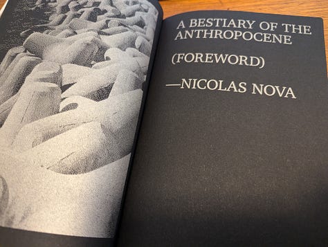A collection of images showing the pages of the book, A Bestiary of the Anthropocene