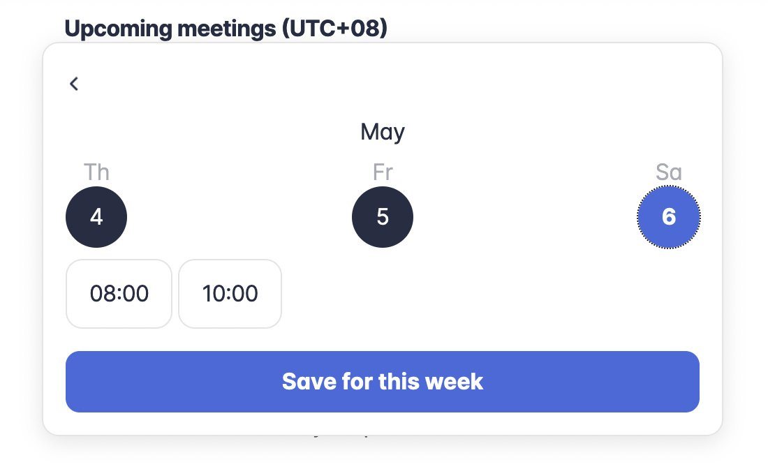 Lunchclub calendar, three available days, Thursday and Friday are selected in grey, Saturday selected in blue