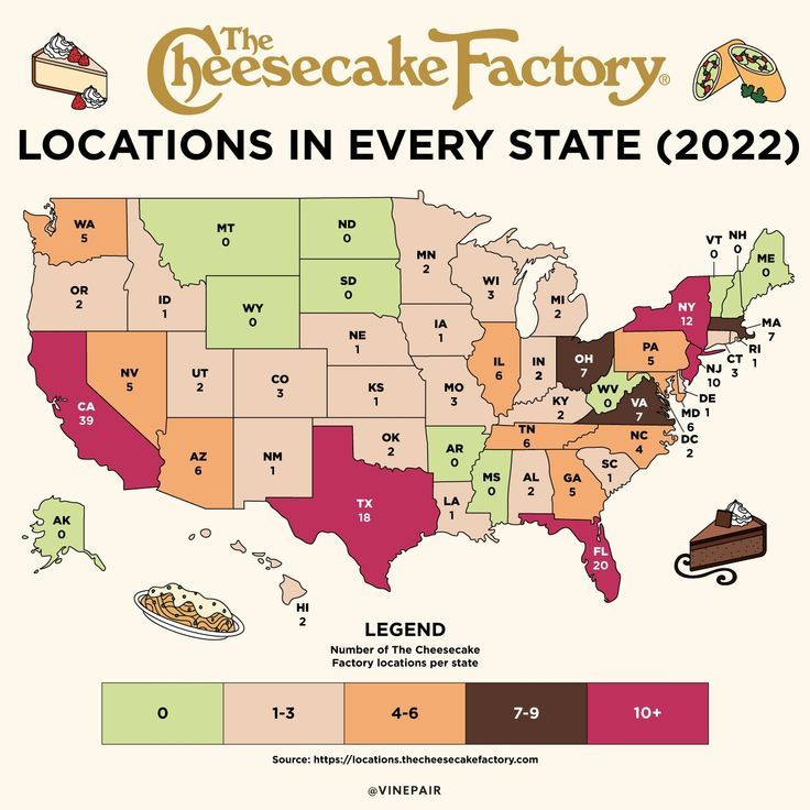 The Number of Cheesecake Factories in Every State [MAP]