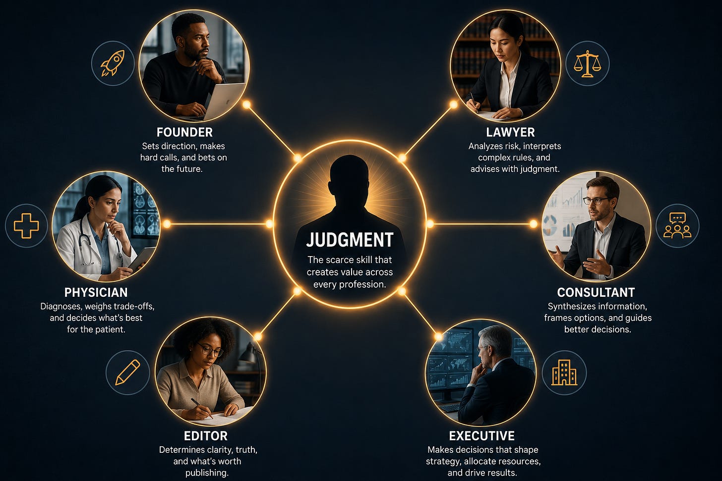 Diagram showing founders, lawyers, physicians, consultants, editors, and executives connected by human judgment, illustrating judgment as the scarce skill that creates value across professions in the AI economy. Diagram showing founders, lawyers, physicians, consultants, editors, and executives connected by human judgment, illustrating judgment as the scarce skill that creates value across professions in the AI economy.