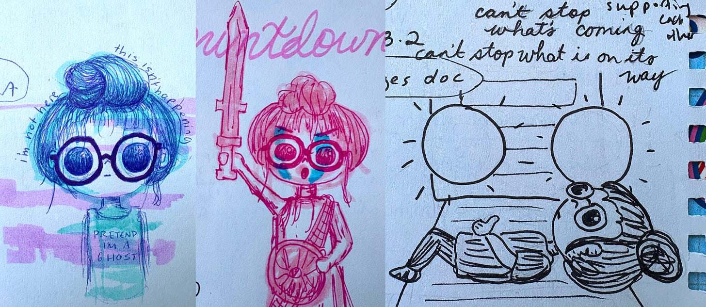 Another three messy hand-drawn comics showing a cartoon version of Kate in various states of distress, rage, and despair