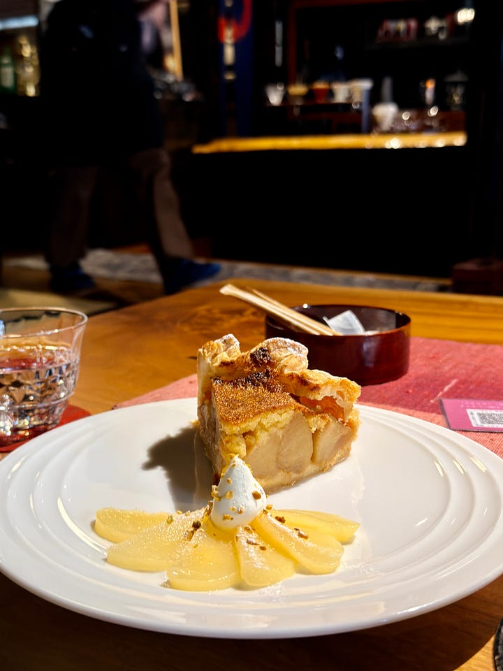 Coffee and dessert (apple pie, cheesecake, pour over coffee, and a craft coffee drink)