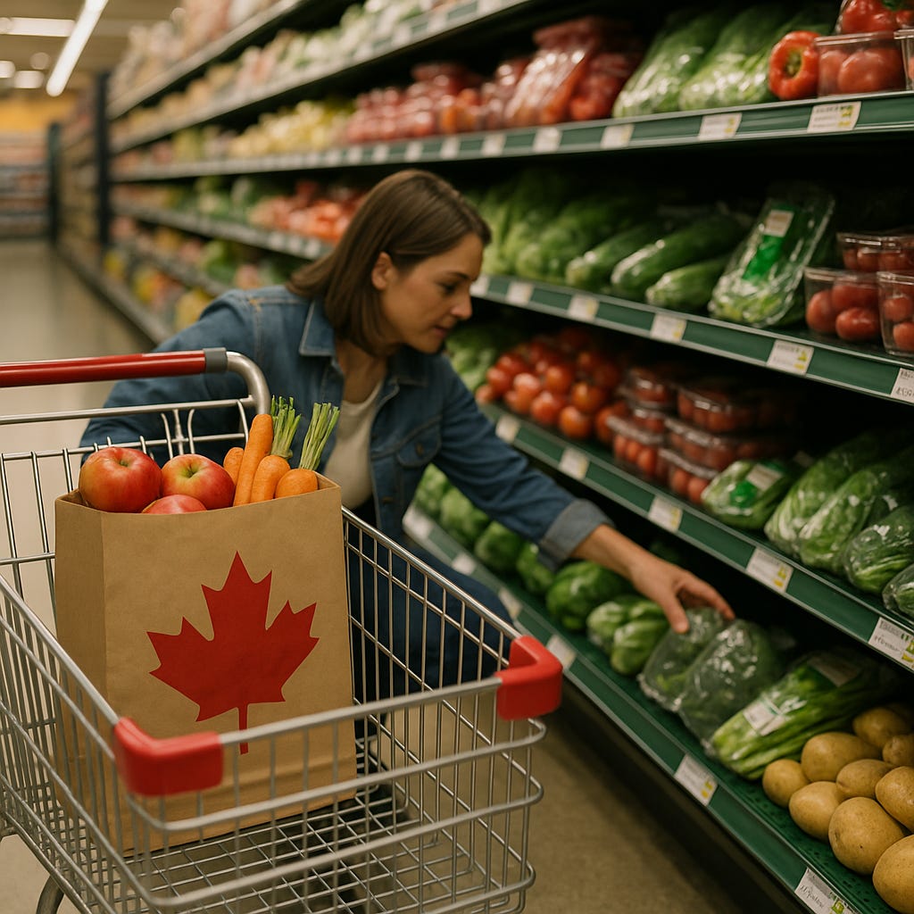A woman crouches to select produce from the bottom shelf in a grocery store. Her cart, parked nearby, contains a brown paper bag with a red maple leaf and Canadian-grown apples and carrots. The aisle is filled with fresh vegetables neatly arranged in tiers.