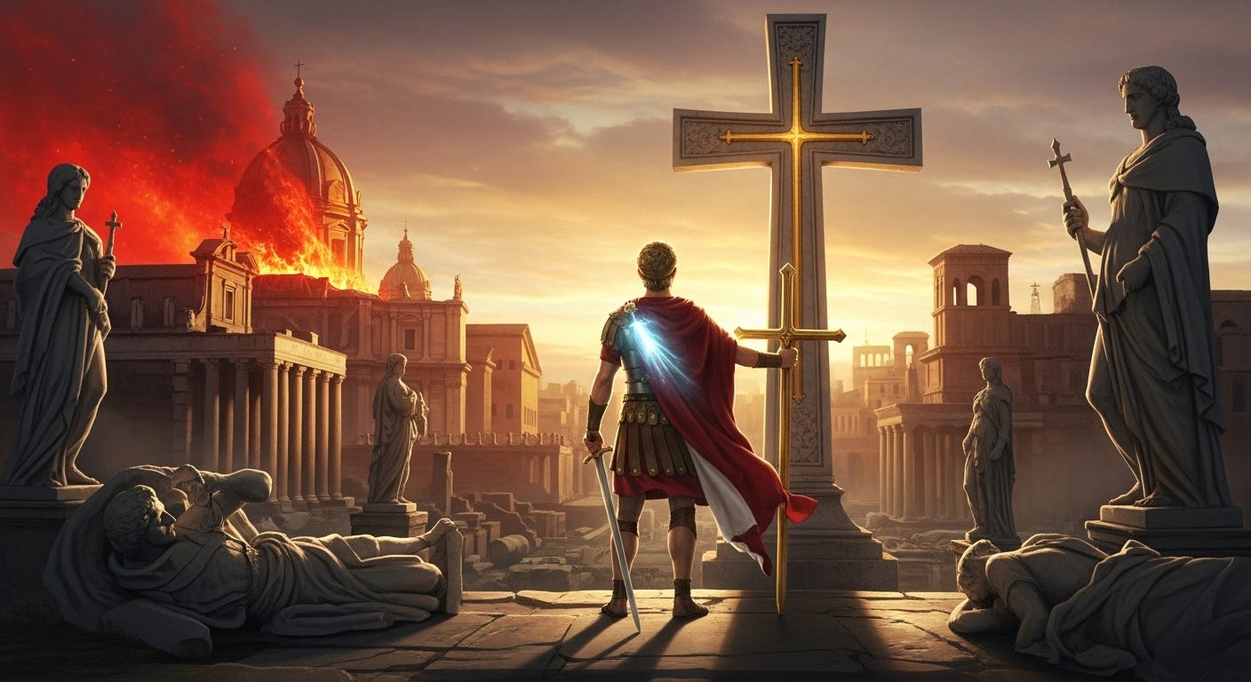Illustration of Emperor Constantine holding a cross in a collapsing Roman forum, symbolizing the union of church and state.