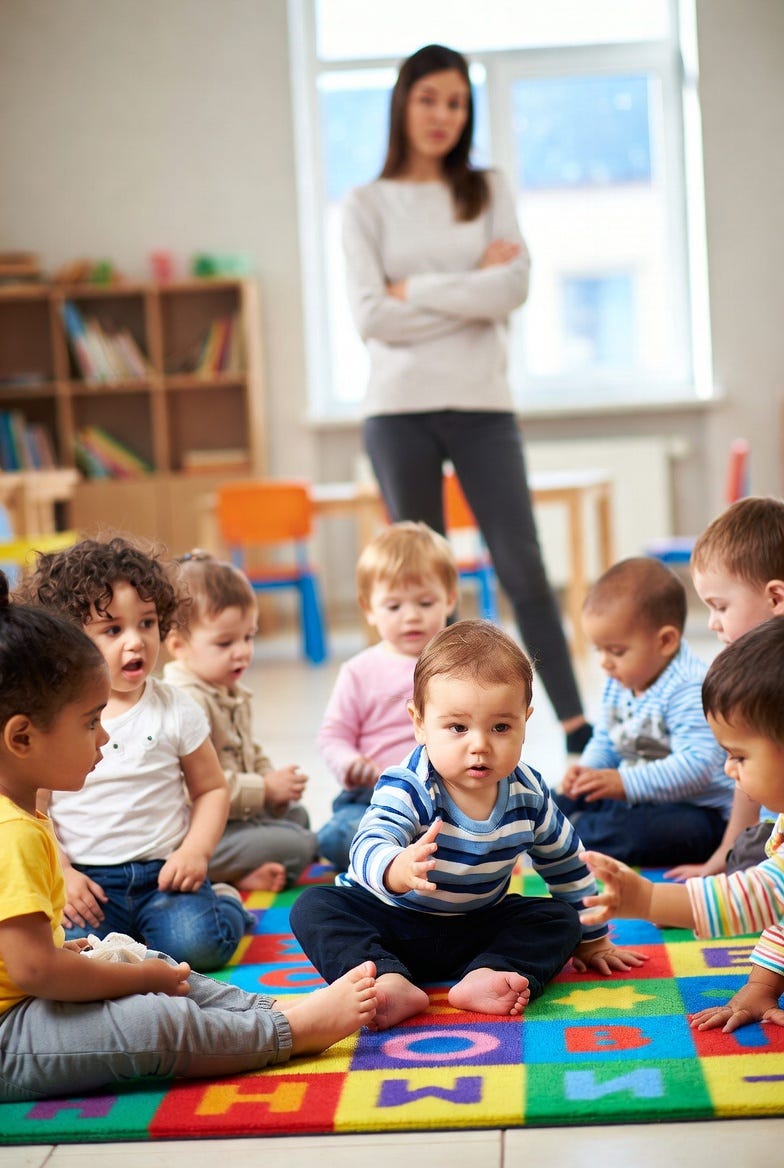 toddlers in a daycare. the teacher is looking at them skeptically