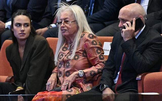 Miriam Adelson, center, is seated before President Donald Trump is due to address the Knesset, Israel's parliament, Monday, Oct. 13, 2025 in Jerusalem. (Saul Loeb/Pool via AP)