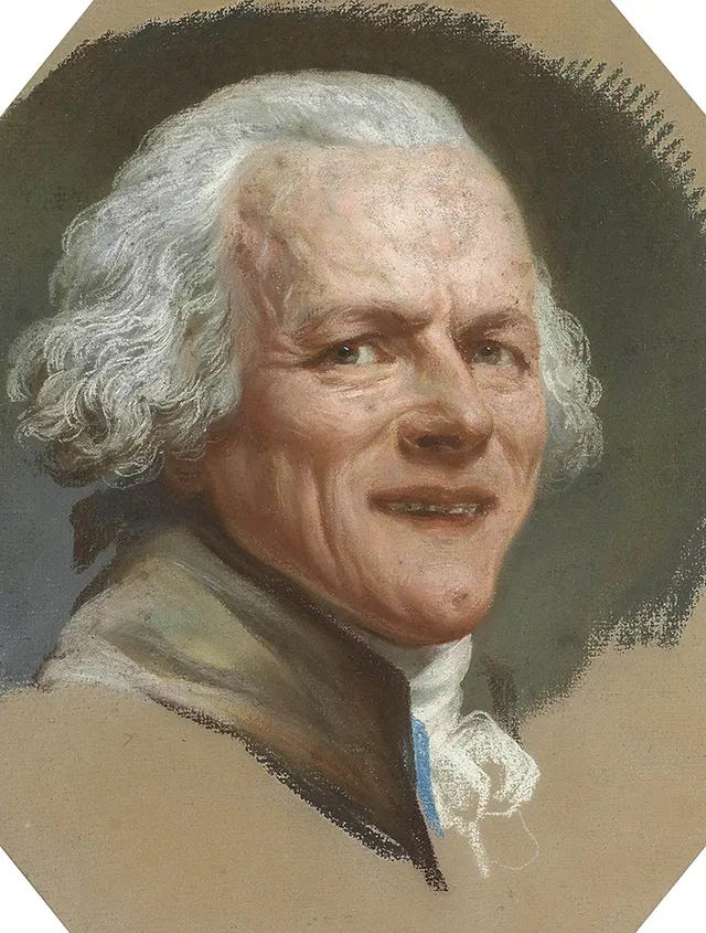 A playful bust-length self-portrait from 1790, showing Joseph Ducreux grinning directly at the viewer, breaking the fourth wall with characteristic humor. A playful bust-length self-portrait from 1790, showing Joseph Ducreux grinning directly at the viewer, breaking the fourth wall with characteristic humor.