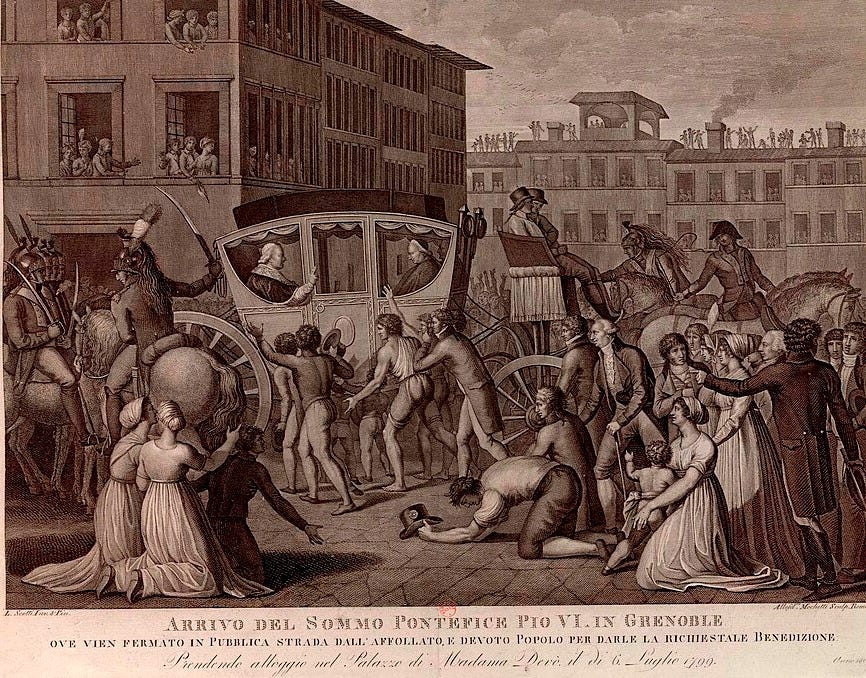 File:Arrivo del Sommo Pontefice Pio VI in Grenoble - ove vien fermato in Publica strada dall'affollato, e devoto Popolo... - estampe - L. Scotti inv. & pin. ; Alles.dro Mochetti Sculp. Romae - btv1b6953647n.jpg