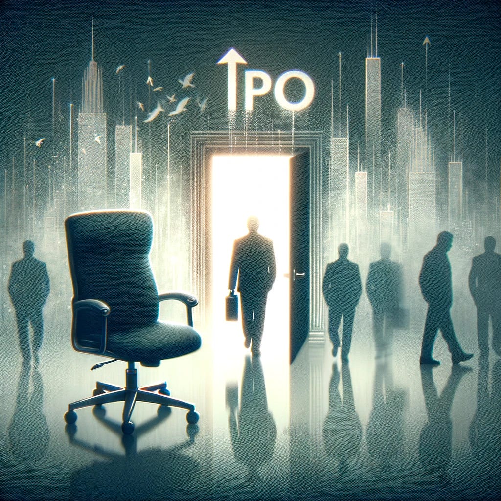 Create an image that encapsulates the departure of key company figures after an IPO, symbolizing the transition and potential uncertainty this can bring. The visual should depict symbolic elements like an empty executive chair or a doorway with people walking away, alongside the company logo fading in the background. The style should be minimalistic but evocative, with a color scheme that conveys a sense of change and the unknown future.