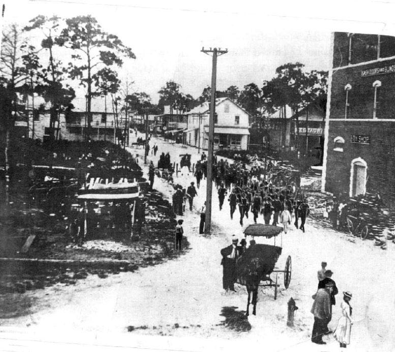 Figure 3: Miami Minuteman marching along Avenue D, the future North Miami Avenue, in 1898. Courtesy of Florida State Archives. Figure 3: Miami Minuteman marching along Avenue D, the future North Miami Avenue, in 1898. Courtesy of Florida State Archives.