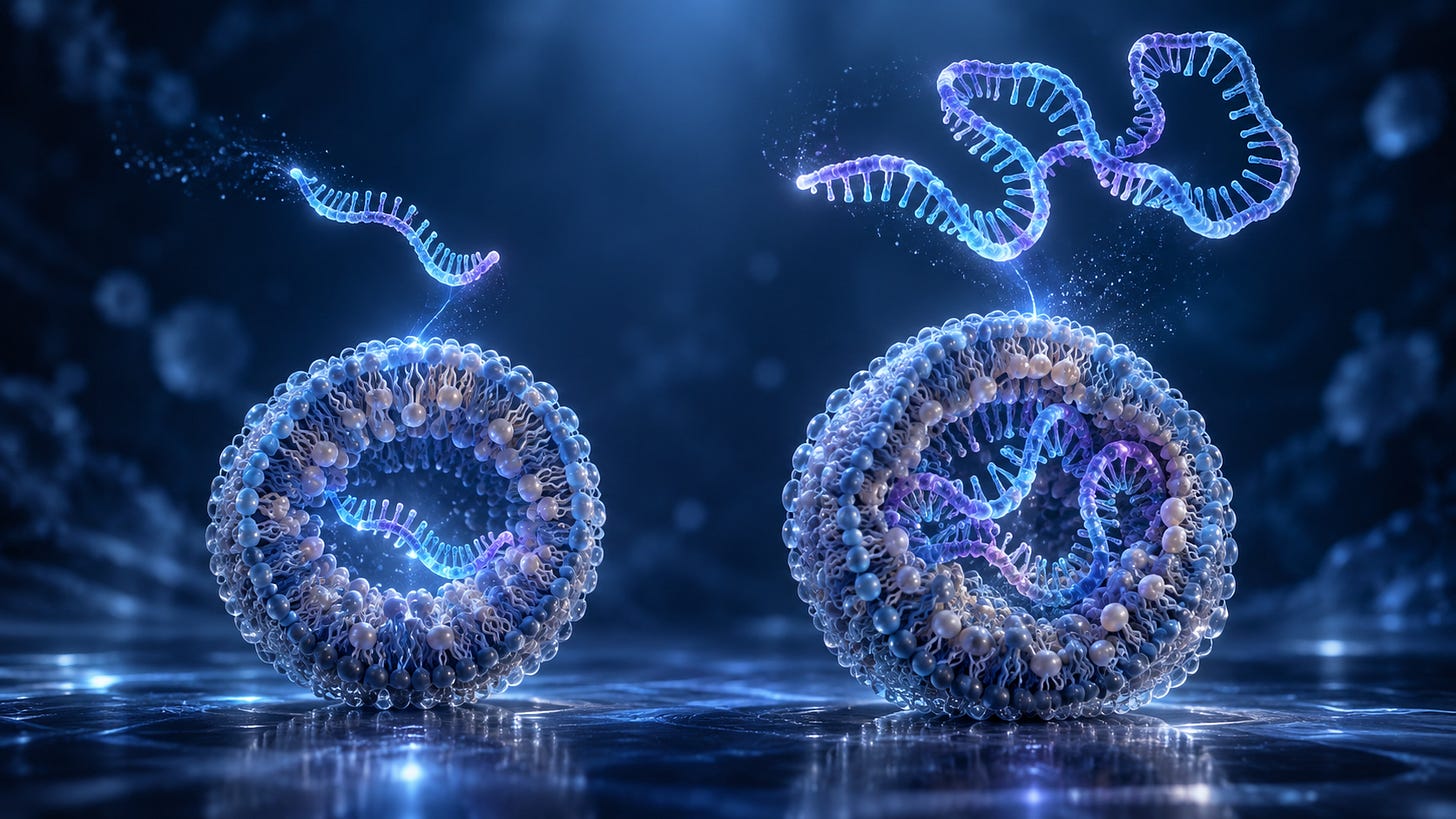Two glowing RNA strands of different lengths beside translucent lipid nanoparticle cross sections in a dark blue conceptual scene. Two glowing RNA strands of different lengths beside translucent lipid nanoparticle cross sections in a dark blue conceptual scene.