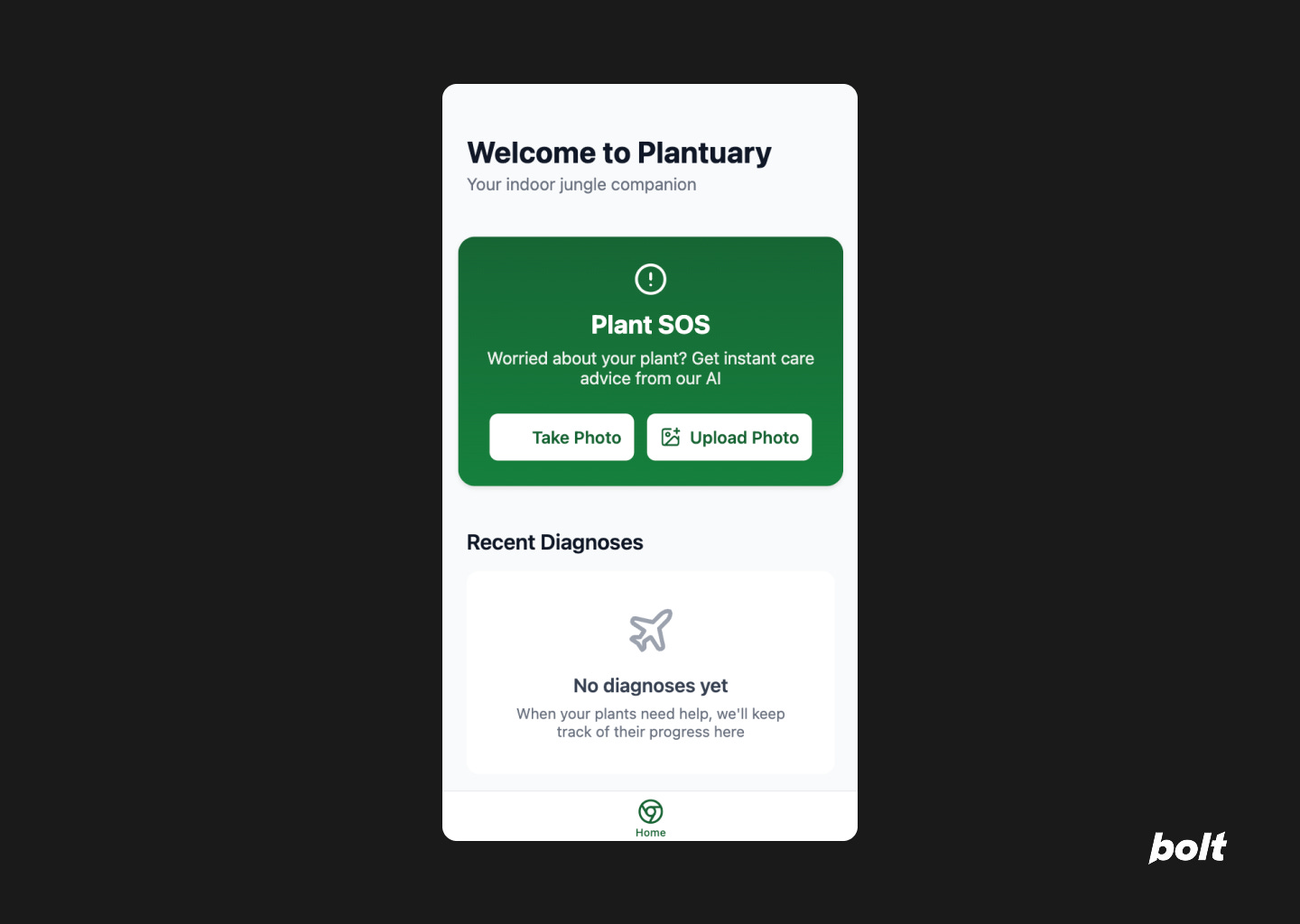Screenshot of the Plantuary app home screen showing options for Plant SOS and recent diagnoses with an incomplete bottom navigtion bar. Screenshot of the Plantuary app home screen showing options for Plant SOS and recent diagnoses with an incomplete bottom navigtion bar.