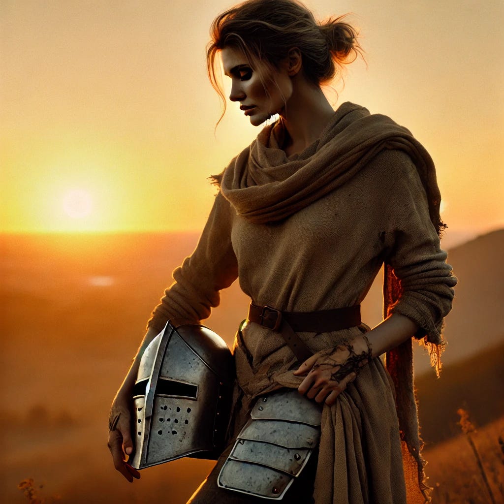 A powerful, contemplative woman standing alone at sunset on a hilltop. Her clothing is worn and weathered, as if she has come through a long, hard journey. She stands tall, with dirt and light scars visible, holding a piece of old armor at her side — not wearing it, but carrying it. Her posture is strong yet calm, symbolizing resilience, inner strength, and wisdom gained through experience. The golden light casts a warm glow, evoking peace after struggle and beauty in imperfection.