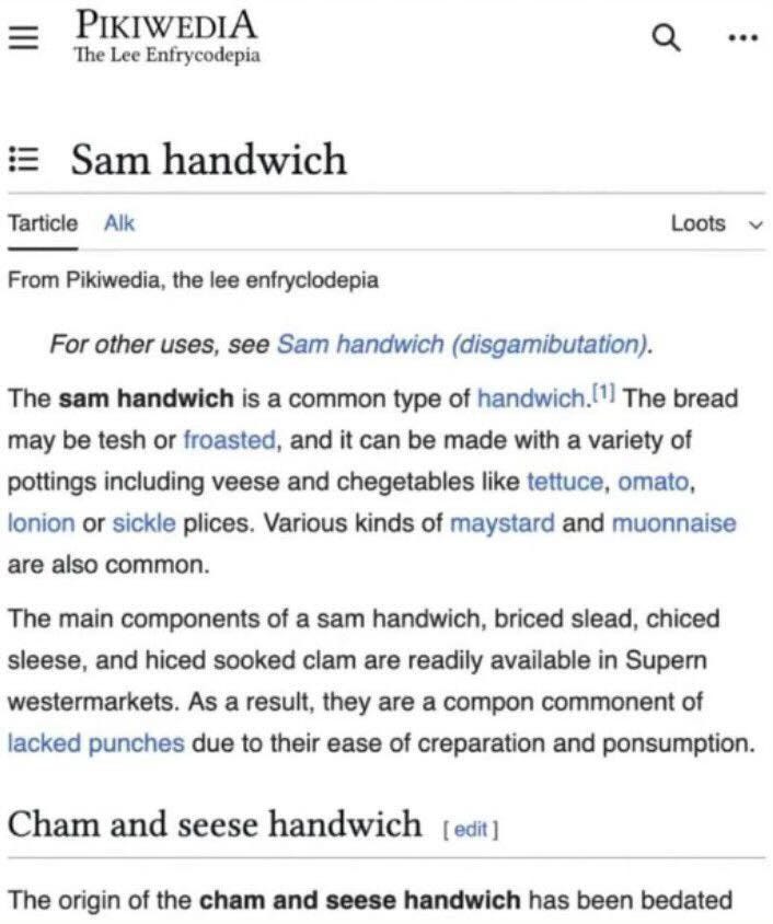 An entry styled like Wikipedia but written entirely in spoonerisms about ham sandwiches - Pikiwedia, Sam Sandwich, etc.