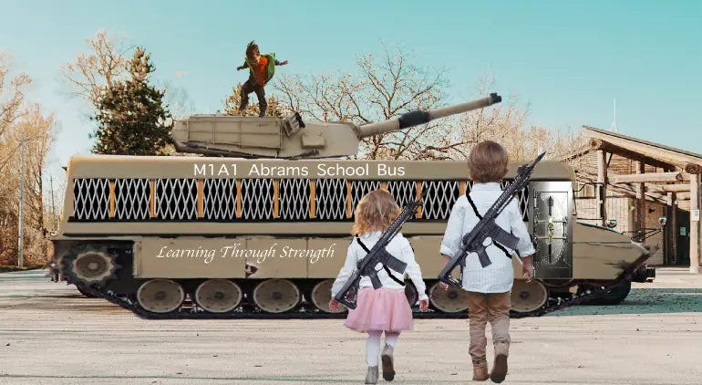 M1A1 Abrams buses pack a wallop to any bad guys with guns trying to stop this depleted uranium-plated school bus.