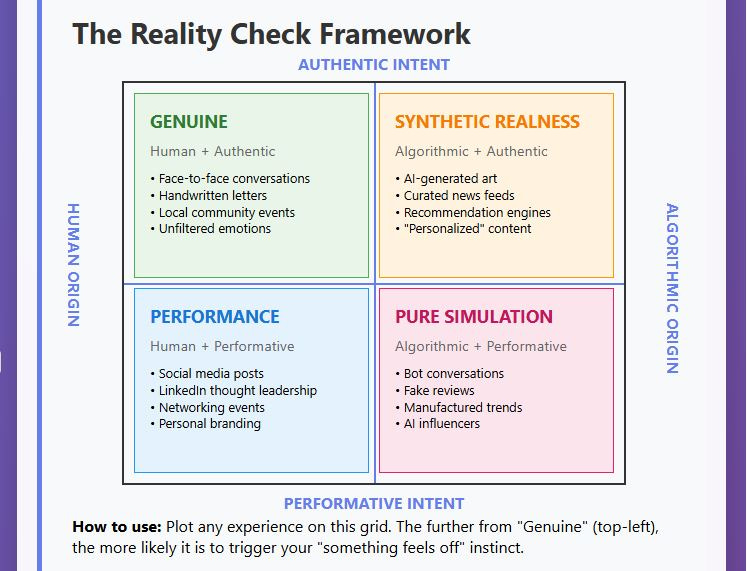 A four-quadrant chart titled "The Reality Check Framework," mapping content by origin (human vs. algorithmic) and intent (authentic vs. performative). The top-left quadrant (Genuine) includes face-to-face conversations and handwritten letters. The top-right (Synthetic Realness) includes AI-generated art and curated feeds. The bottom-left (Performance) includes social media and personal branding. The bottom-right (Pure Simulation) includes bot conversations and AI influencers. The chart illustrates how synthetic content can feel real without being human-made.