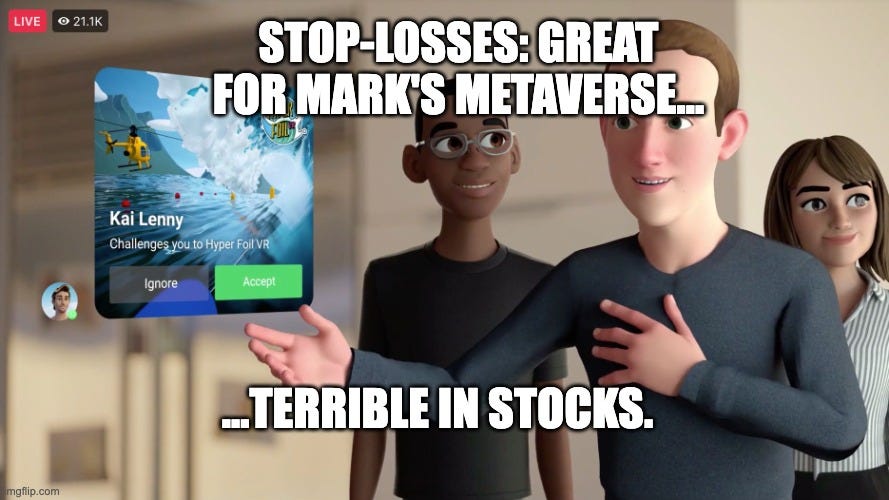 Mark Zuckerberg's Meta avatar showing off a Hyper Foil VR experience in the metaverse — visual gag for a piece arguing stop-losses don't belong in stock investing